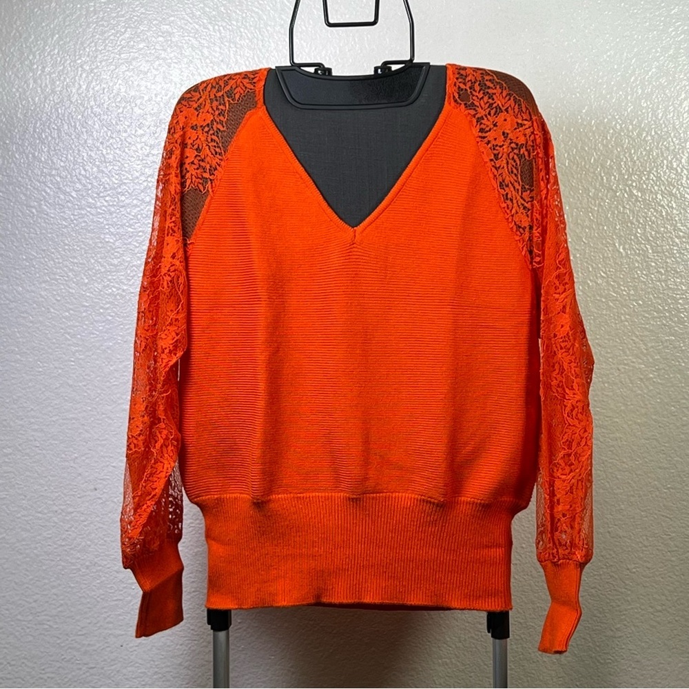 Vibrant Orange V-Neck Sweater with Lace Detail